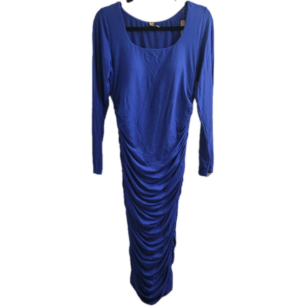 Shapellx Blue Ruched Bodycon Midi Dress XL Long Sleeve Stretch Shapewear